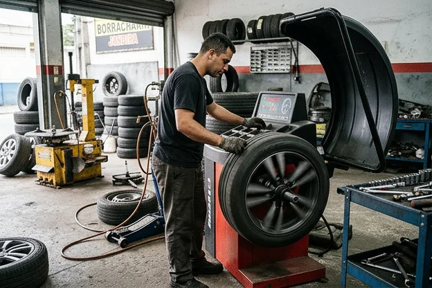 Máquina de balanceamento de rodas em operação em um ambiente de borracharia.