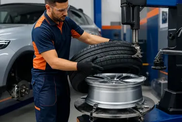 Mecânico realizando a troca de pneus de um carro em um ambiente de borracharia.